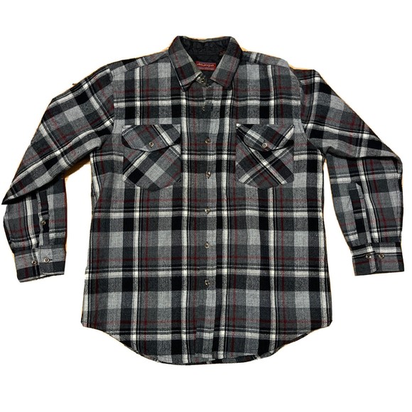 Vintage Allen Wickfield Wool Shirt Jacket Button Black White Red Plaid L - Picture 1 of 6